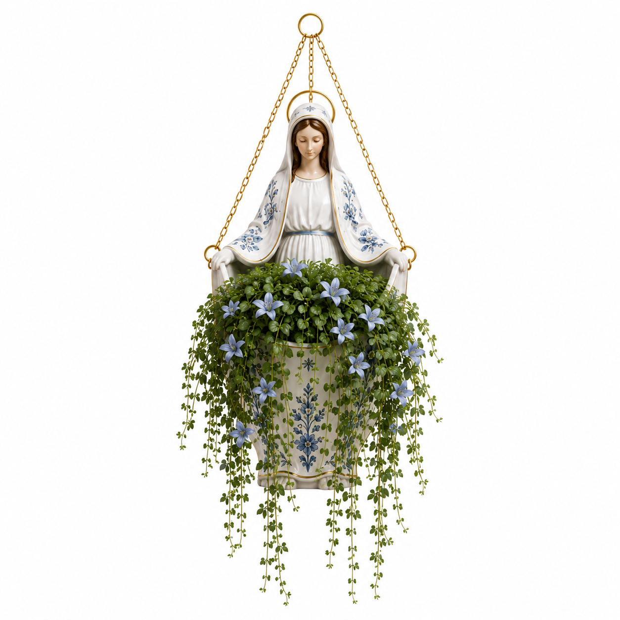 Nossa Senhora Jardim Celeste - Vaso Artesanal Pintado à Mão com Planta Artificial