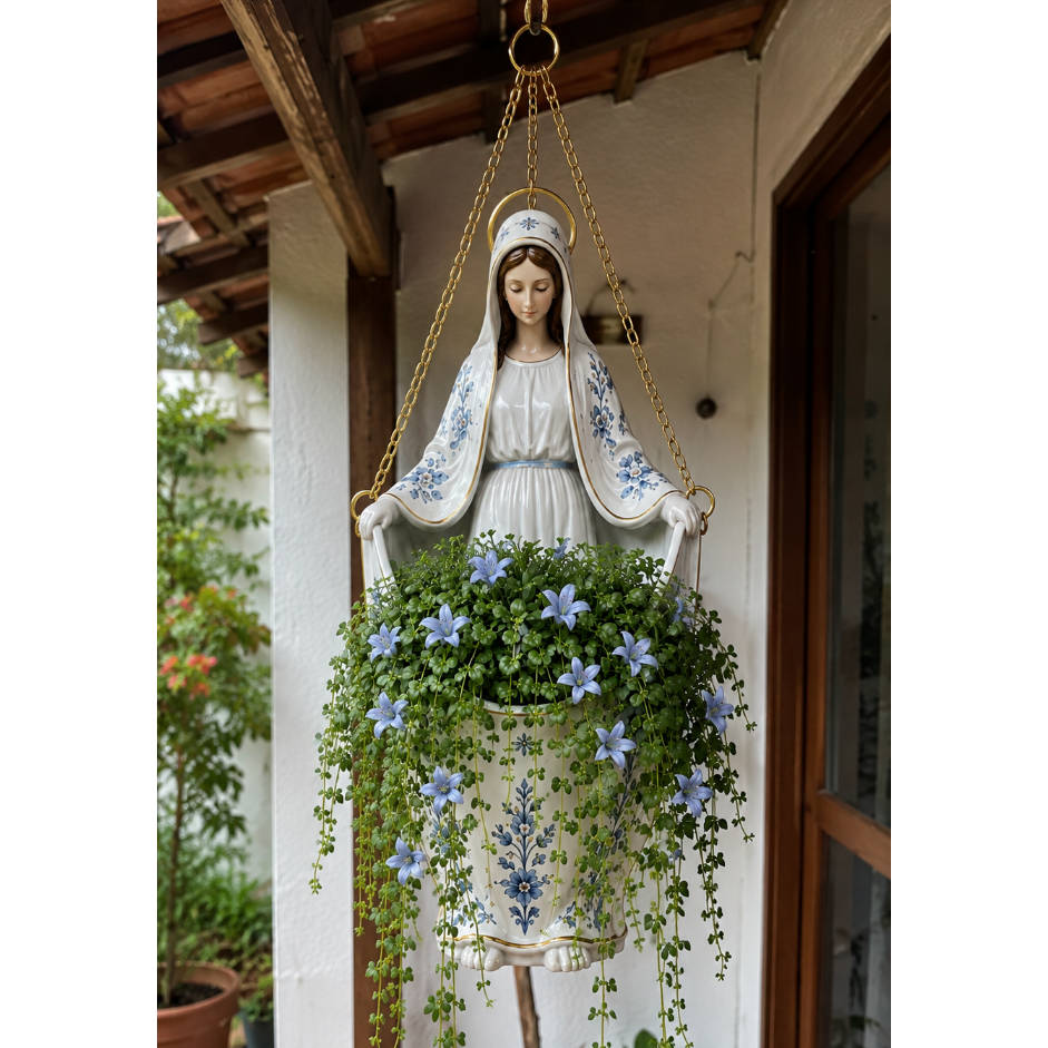 Nossa Senhora Jardim Celeste - Vaso Artesanal Pintado à Mão com Planta Artificial