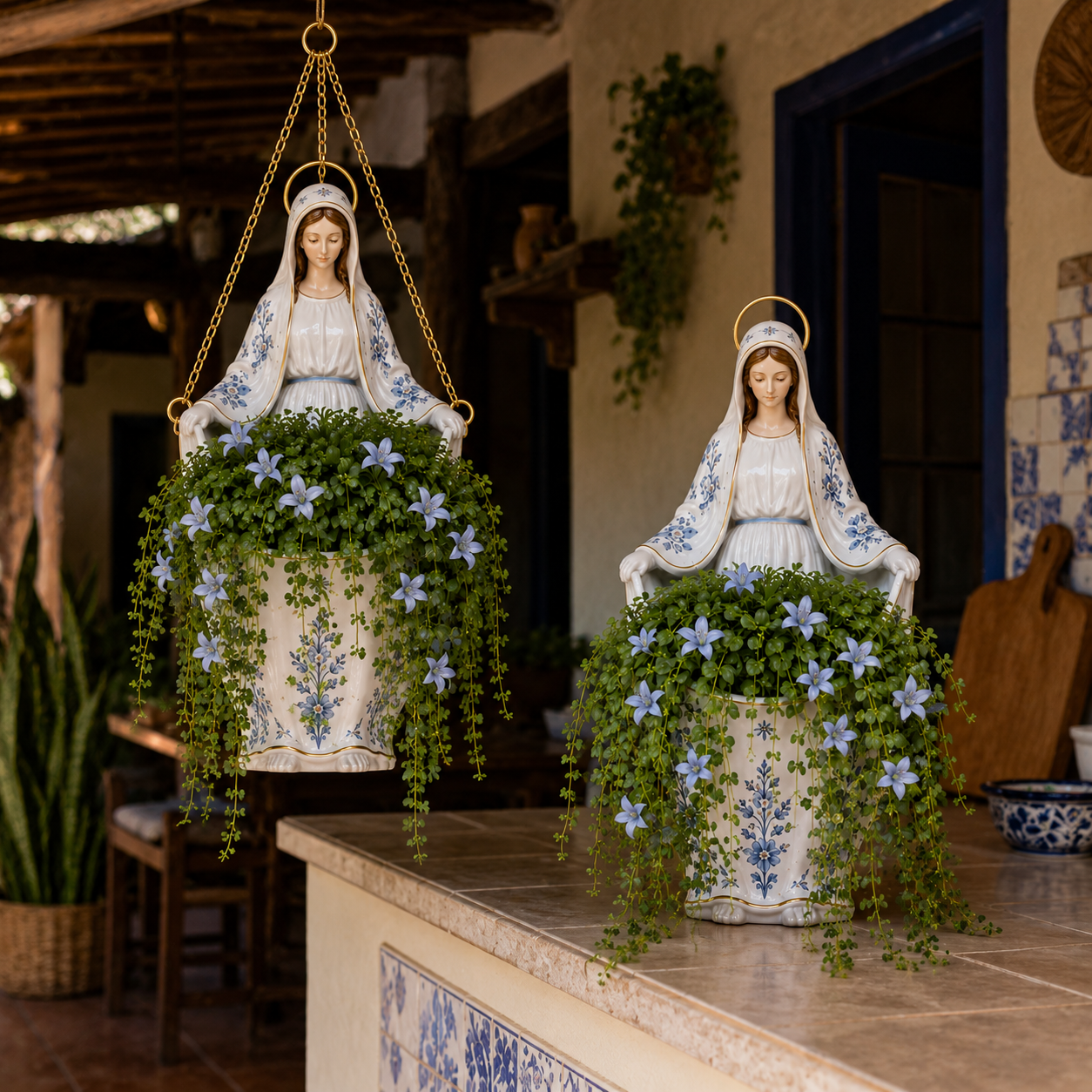 Nossa Senhora Jardim Celeste - Vaso Artesanal Pintado à Mão com Planta Artificial