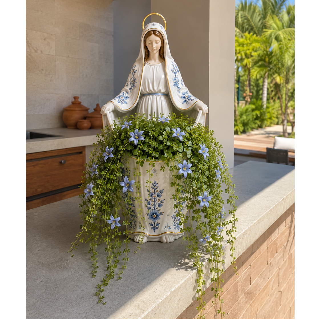 Nossa Senhora Jardim Celeste - Vaso Artesanal Pintado à Mão com Planta Artificial
