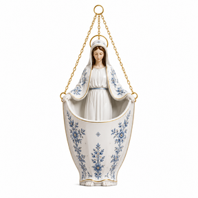 Nossa Senhora Jardim Celeste - Vaso Artesanal Pintado à Mão com Planta Artificial