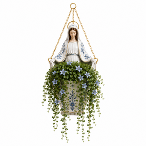 Nossa Senhora Jardim Celeste - Vaso Artesanal Pintado à Mão com Planta Artificial