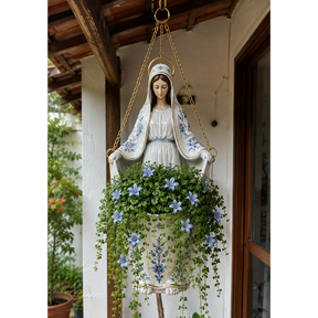 Nossa Senhora Jardim Celeste - Vaso Artesanal Pintado à Mão com Planta Artificial