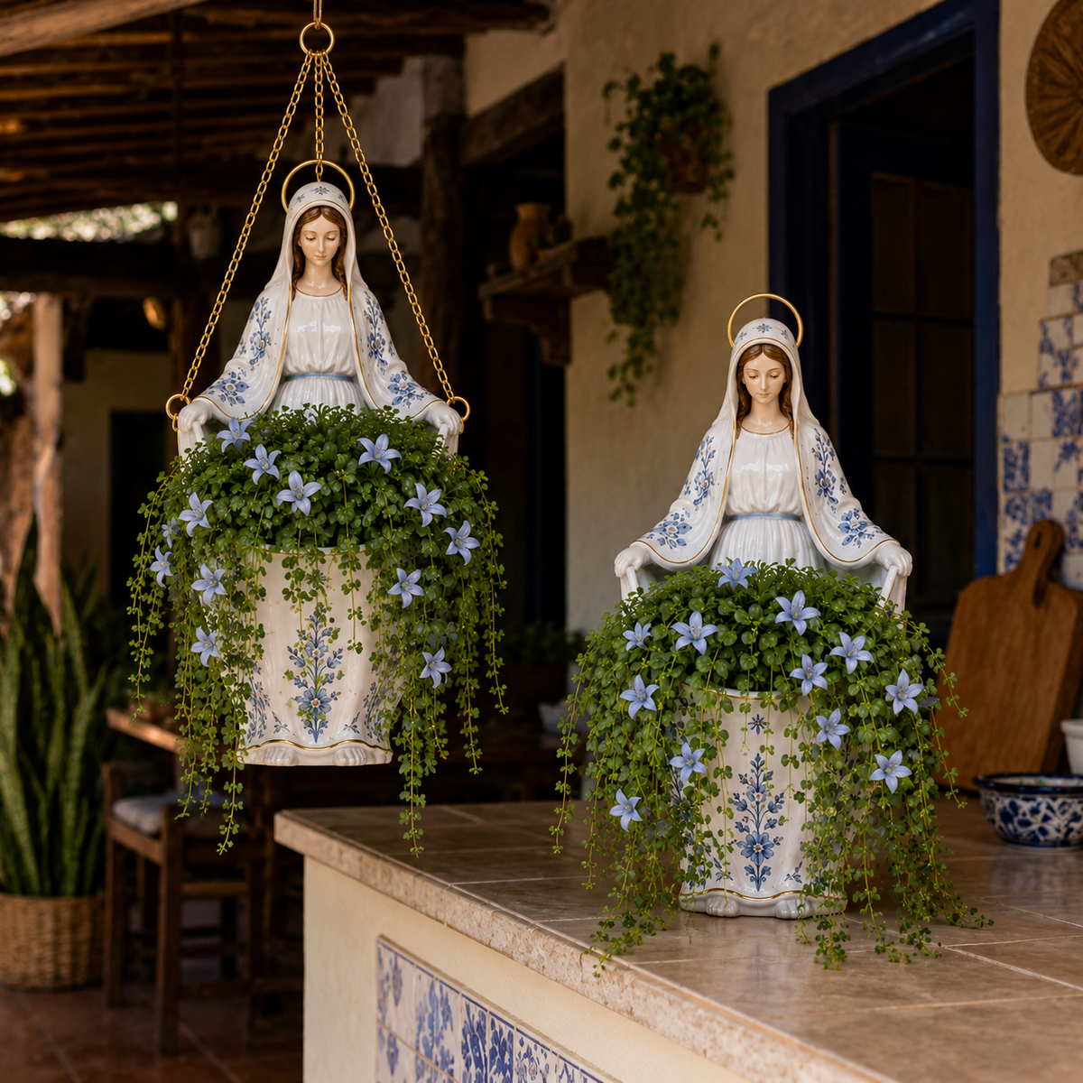 Nossa Senhora Jardim Celeste - Vaso Artesanal Pintado à Mão com Planta Artificial